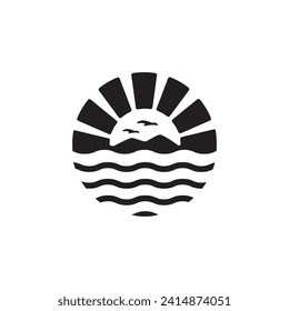  summer beach mountain sea ocean with birds and sun island logo design inspiration