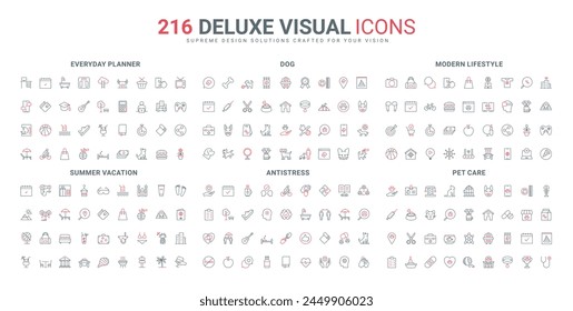 Summer beach and mountain vacation items, pet care line icons set. Smart home, communication network and mobile apps for modern lifestyle thin black and red outline symbols vector illustration