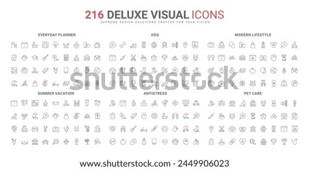 Summer beach and mountain vacation items, pet care line icons set. Smart home, communication network and mobile apps for modern lifestyle thin black and red outline symbols vector illustration