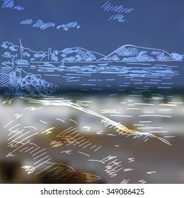 Summer beach with the mountains, clouds and sand hand drawn vector. EPS