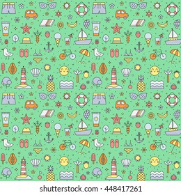 Summer beach multicolored big seamless pattern (green). Clean and simple outline design.