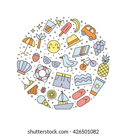 Summer beach multicolored circle illustration. Clean and simple outline design.