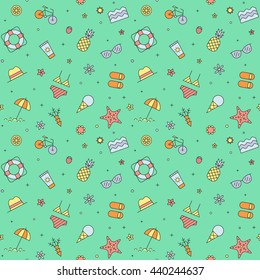 Summer beach multicolored seamless pattern (green). Clean and simple outline design.