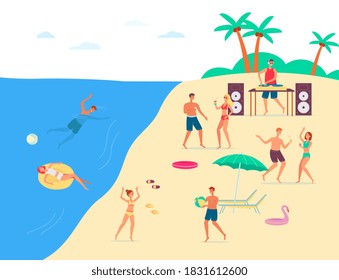 Summer beach music and dance party with people characters having fun on seashore, flat vector illustration. Summer vacations on sea or ocean coast background.