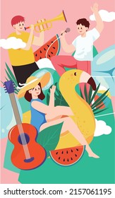 Summer beach music party, character summer seaside vacation, vector illustration