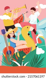 Summer beach music party, character summer seaside vacation, vector illustration