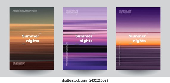 Summer beach night backgrounds set. Creative gradients in summer colors. Ocean horizon, beach and sunsets.