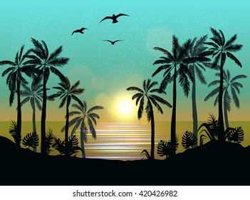 Summer beach night palm silhouettes on summer sunset with beautiful night sky background. Tropical sunset, summer paradise. Vector illustration