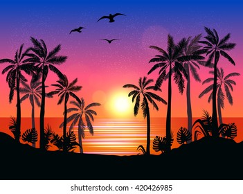 Summer beach night palm silhouettes on summer sunset with beautiful night sky background. Tropical sunset, summer paradise. Vector illustration