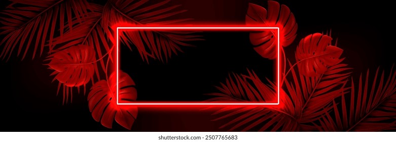 Plantilla de Anuncio oscuro de la fiesta de la noche de la playa del verano con las hojas tropicales y el marco brillante rectangular del neón con el espacio vacío de la copia. Follaje de palmera y monstruo con borde rectangular fluorescente rojo.