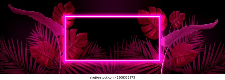 Verão praia noite festa escuro modelo banner com folhas tropicais e retangular neon brilhante quadro com espaço de cópia vazio. Palmeira e monstera folhagem com bordas retangulares fluorescentes rosa.