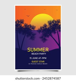 Diseño de la Plantilla del cartel de la fiesta de la noche de la playa del verano con el atardecer y la palmera