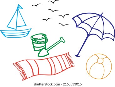 Summer beach objects. Isolated elements of ball, umbrella, birds, bucket, spade, towel, boat. Flat vector illustration on white background. All elements are editable