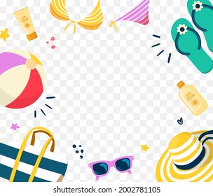 Summer beach objects on transparent background. Bright frame for your design!
