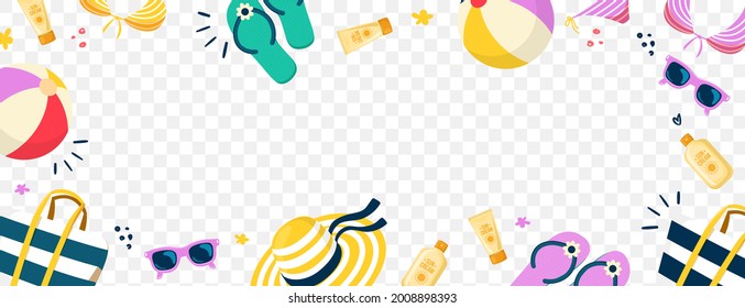 Summer beach objects on transparent background. Bright frame for your design!