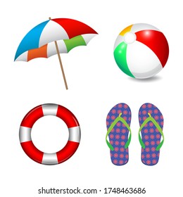 Summer beach objects, umbrella, ball, flip flops and lifebuoy, vector illustration.