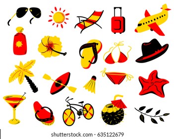 Summer beach objects vector set.  Doodle vacation icons with flowers, tropical palms, cocktails, bicycle and plane. Relaxing holidays illustration. 