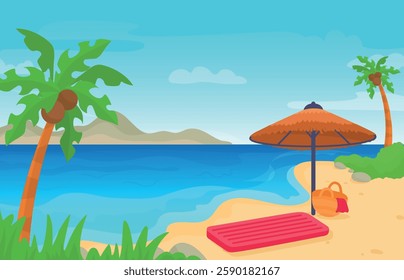 Summer beach, ocean coast with protect umbrella, bag and rubber mattress. Nature landscape with palm, sea, mountain. Tropical vacations vector illustration