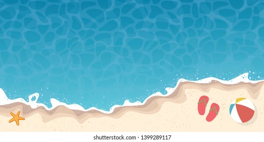 summer beach and ocean high angle view background banner. Vector illustration with flip-flops, beach ball and starfish at the sea shore.