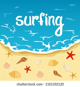 Summer, beach and ocean, Inscription surfing, Lettering, background, shells and starfish