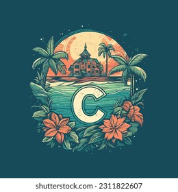 Summer beach ocean sunset and sunrise view cartoon vector illustration