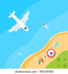 Summer Beach ocean, top view, time for recreation - sea, Seagull, surf, waves, sand, plane, palm island. Vector illustration in flat style