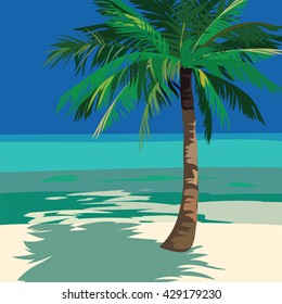 Summer Beach Ocean view  with Palm tree. Vector background card 