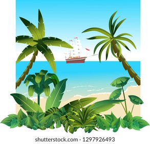 Summer beach, ocean view, ship with white sails  background. Vector illustration 
