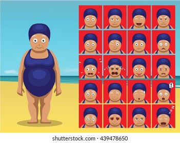 Summer Beach Old woman Cartoon Emotion faces Vector Illustration