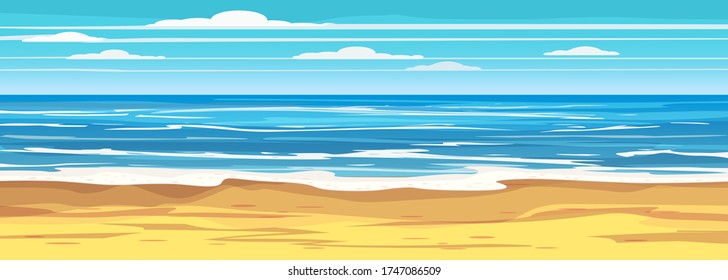 Summer beach on sea ocean coast, sand surf. Beautiful tropical landscape seascape banner holiday vacation. Vector isolated cartoon style