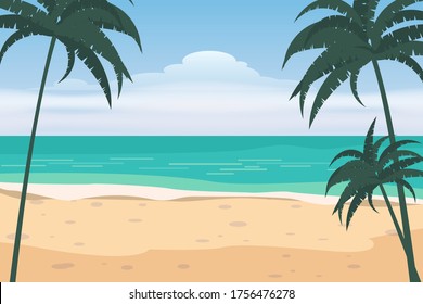 Summer beach on sea ocean coast, palms sand surf. Beautiful tropical landscape seascape banner holiday vacation. Vector isolated cartoon style