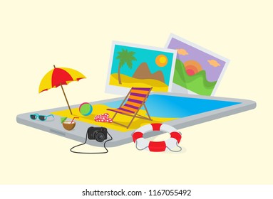 Summer beach on a tablet pc, abstract concept, 3d isometric vector illustration for web design