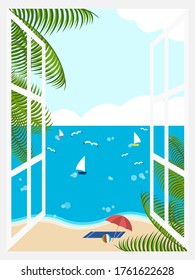Summer beach with opened window and sailboat, blue sky with clouds