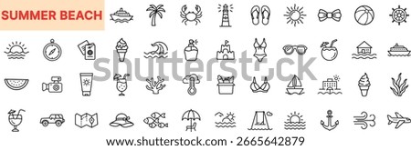 Summer Beach Outline Icon Set Featuring Palm Trees, Ice Cream, Sunglasses, Flip-Flops, Beach Ball, Sandcastle, Swimsuit, Sea Waves, Boats, Shells, and Tropical Drinks Icon Design