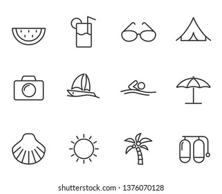 summer beach outline vector icons set isolated on white background. summer sea recreation concept. summer beach outline flat icons for web and ui design