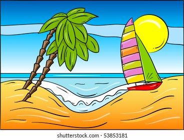 Summer beach with palm and sailboat