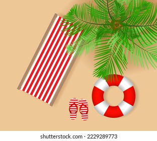 Summer beach with palm tree, life buoys, beach chair and flip-flop sandals. Top view. Hello summer concept