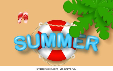 Summer beach with palm tree, life buoy, flip-flop sandals and 3d text SUMMER. Top view. Beach vacation concept