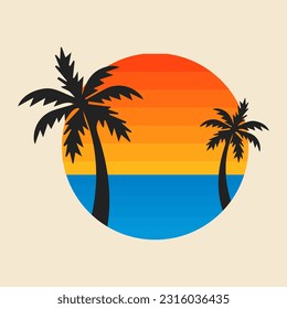 playa de verano, palmera, retro, silueta logo ilustración vectorial