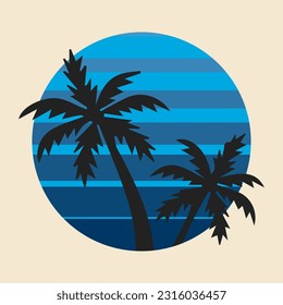 playa de verano, palmera, retro, silueta logo ilustración vectorial
