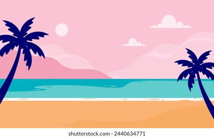 Summer Beach with Palm Tree and the Sun in the Background Vector Illustration