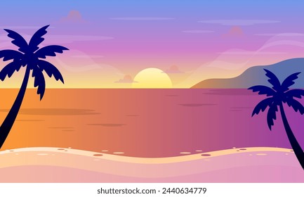 Playa de verano con la palmera y el sol en el fondo Ilustración vectorial