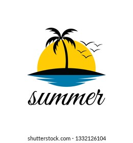 summer beach with palm tree and sunset logo design inspiration