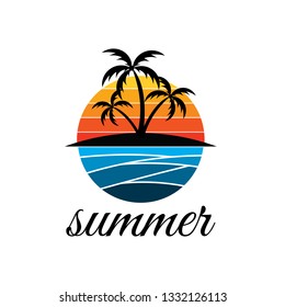 summer beach with palm tree and sunset logo design inspiration