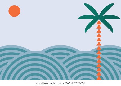 Summer beach with palm tree. Vector illustration of summer sea, sky, sun in modern minimalistic geometric style. Vertical banner background.