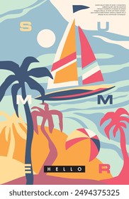 Summer beach with palm trees, beach ball and sailing boat. Sandy shore colorful banner graphic, Sea and sun vector illustration.