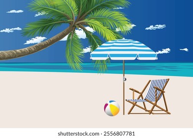 Summer beach and palm trees and beach chair and umbrella and ball vector