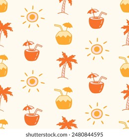 Summer beach palm trees, coconut drink, sun doodles vector seamless pattern. Tropical vacations background. Beach hand drawn boho repeat texture. Modern textile print, wallpapers, wrapping paper.