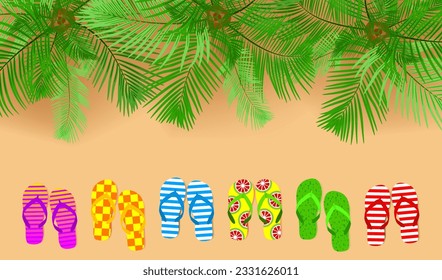 Summer beach with palm trees and color flip-flop sandals. Top view. Beach vacation concept