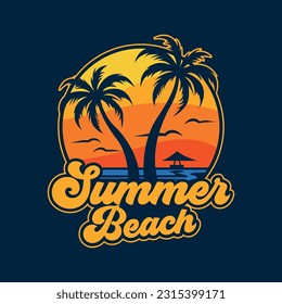summer beach and palm trees colorful badge